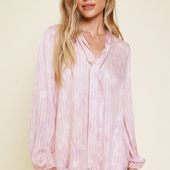 MYSTREE  Pink Tie Neck Blouse – Long Sleeve Striped Top - Picture 2 of 8